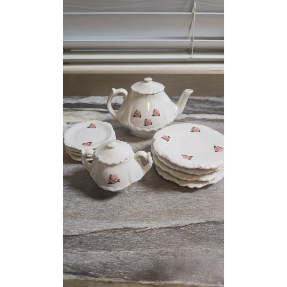 Vintage Miniature Porcelain Tea Set White Pink Rose Scalloped Teapot Sugar Bowl
